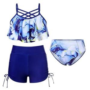 Girls Swimsuit Kids Bathing Suit 3 Pieces Bikini Set with Shorts Adjustable Swimwear  (10-11 Years)