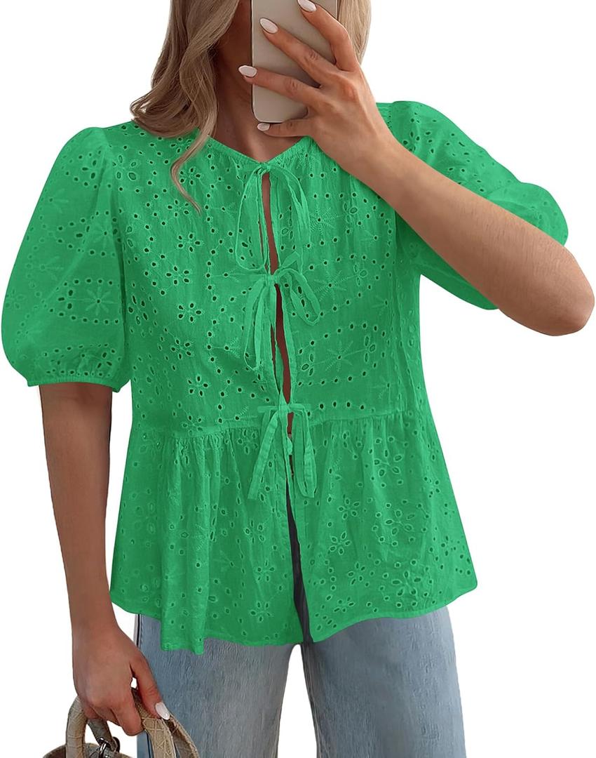 KIRUNDO Peplum Tops for Women 2026 Summer Eyelet Tie Front Blouses Casual Short Lantern Sleeve Cute Y2K Lace Babydoll Shirts (Green, M)