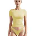SUUKSESS Women Fitted Basic Tee Cotton Ribbed Crew Neck Summer Short Sleeve Y2K Crop Top Pale Yellow (Yellow)