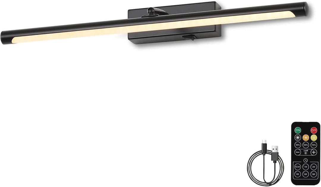 Picture Light for Wall Battery Operated, 20" Rechargeable Art Light with Remote and Timer for Painting, 9000mAh Wireless Wall Light for Display, Artwork, Portrait, Gallery, Black