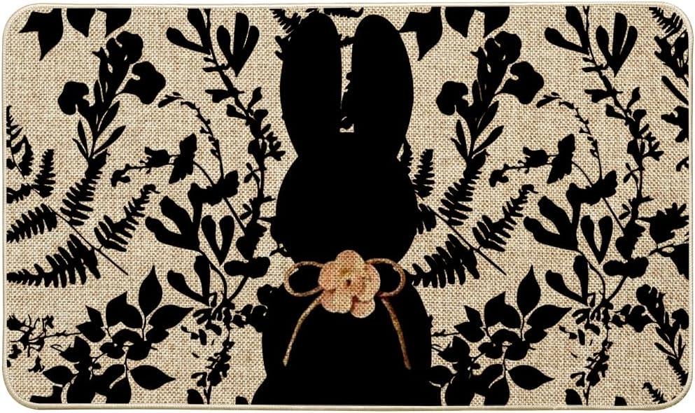 Artoid Mode Black Rabbit Bunny Leaves Easter Doormat, Home Decor Low-Profile Switch Rug Door Mat Floor Mat for Indoor Outdoor 17x29 Inch