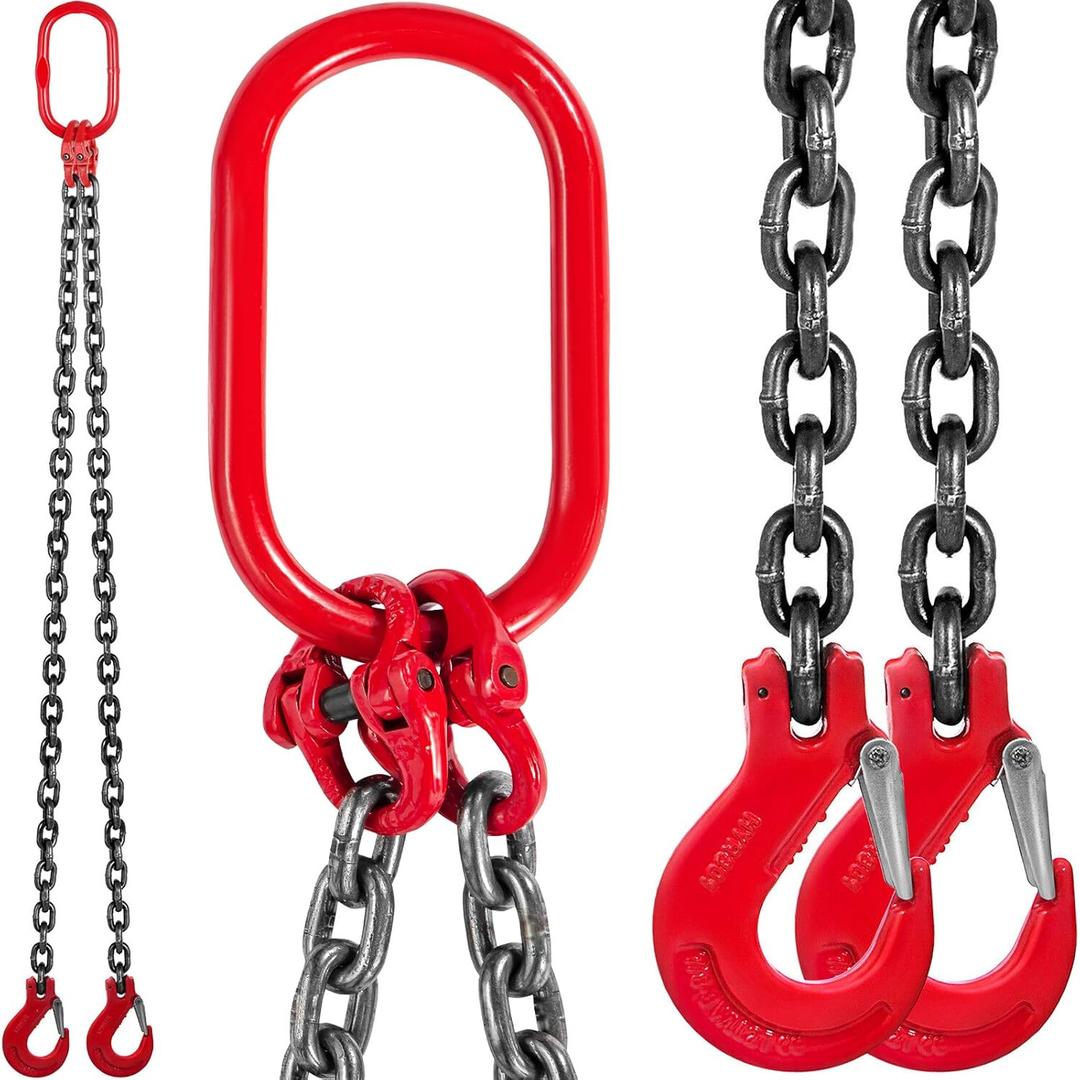 VEVOR Chain Sling, 3/8-inch x 5-ft Double-Leg Lifting Chains with Grab Hooks, 4-ton Capacity Lifting Slings, G80 Alloy Steel Double-Leg Slings