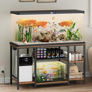 MAHANCRIS 55-75 Gallon Fish Tank Stand with Power Outlet, 3-Tier Metal Frame Aquarium Stand, Heavy Duty Reptile Terrarium Tank Stand, 52.0"L x 19.7"W x 29.9"H, 800 LBS Capacity, Rustic Brown FTHR55E01