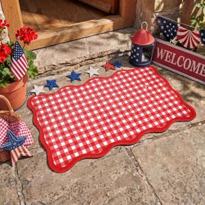 Breling Red and White Scalloped Plaid Outdoor Door Rug 16.5 x 27.5 Buffalo Checkered Front Door Mat Non-Slip Washable Gingham Outdoor Rug for Entryway Porch Entrance Room Patio Decor