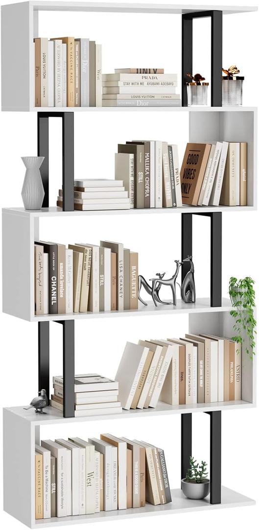 Gadroad 5 Tier Geometric Bookcase,S Shaped Bookshelf, Wood Decorative Storage Shelving, Modern Freestanding Display Shelves, Tall Book Shelf Unit for Living Room Bedroom, White, 27.56"W x 62"H