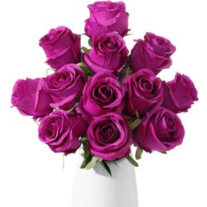 12pcs Purple Roses Artificial Flowers, Realistic Silk Velvet Fake Flowers with Long Stems for Valentines Day Wedding Bouquets Home Decoration Party & DIY Floral Arrangements (Purple)