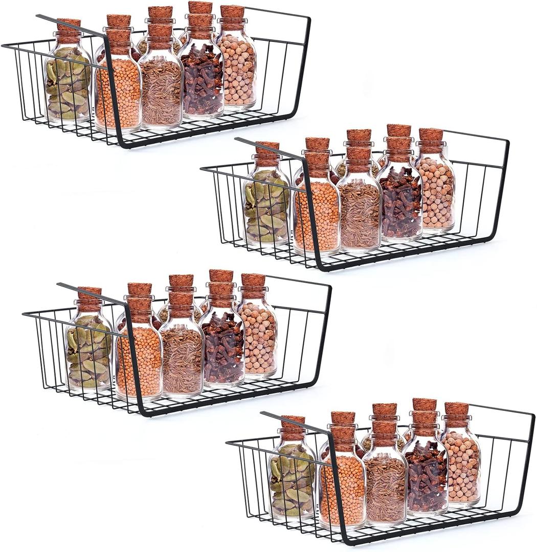 Undershelf Storage Basket Under Shelf Wire Basket Household Metal Under Shelf Hanging Storage Bin Basket Slides Under Shelves for Storage Space Saving for Kitchen Pantry Bookshelf 4 PCS (Medium)