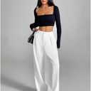 Women's Elegant High Waist Wide Leg Trousers, Loose Fit Dress Pants for Office and Casual Wear (White, L)