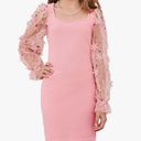 WDIRARA Girl's Sheer Mesh Flounce Long Sleeve Appliques Square Neck Dress 8Y