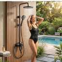Outdoor Shower, 3 Functions Outdoor Shower Fixture SUS304 Stainless Steel Rain Shower Kit Faucet High Pressure Wall Mount 10 Inch Showerhead and Handheld Spray Combo,Single Handle, Matte Black