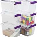 Farmoon 6 Quart Clear Storage Bin, Small Plastic Stackable Box/Cotainer with Lid and Purple Handle, 6 Packs