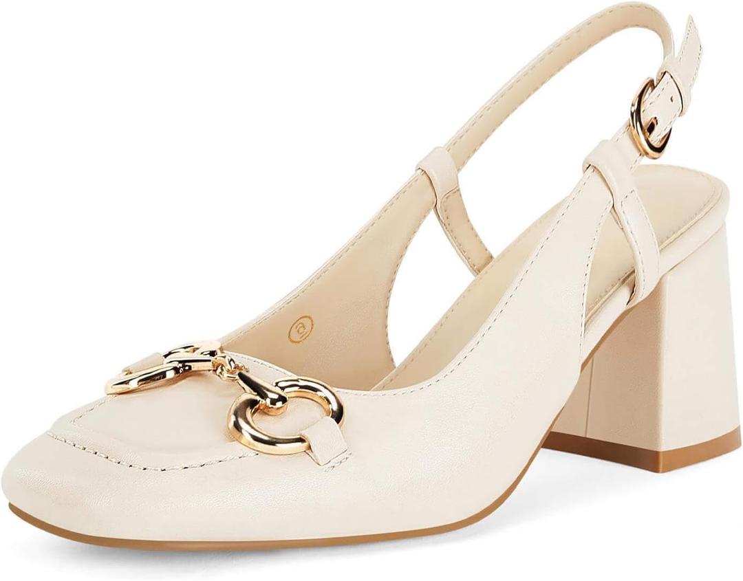 Womens Slingback Block Heels Closed Square Toe Dress Work Shoes Slip on Buckle Strap Business Pumps (9, Beige)
