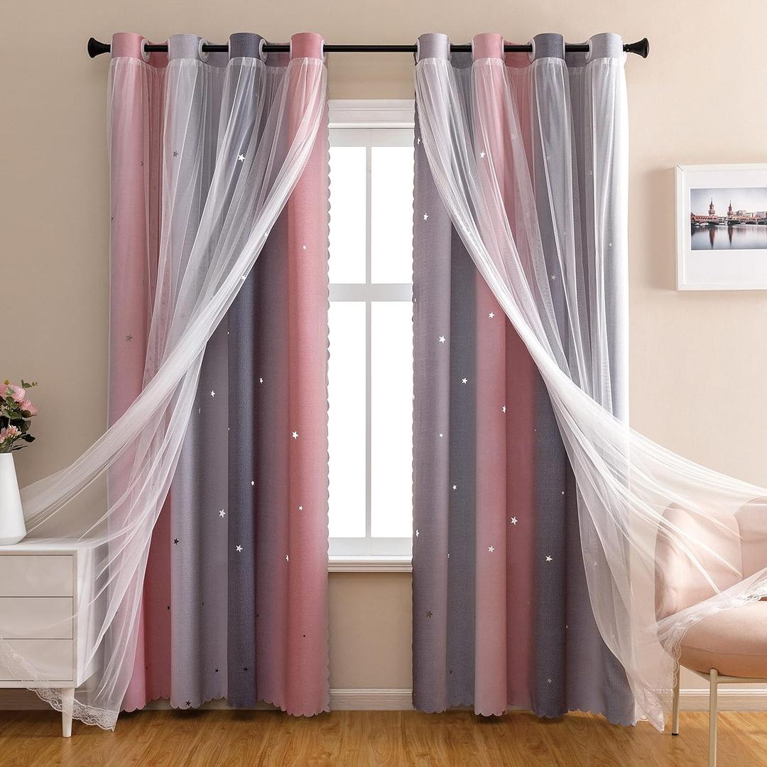 XiDi Dream Star Blackout Curtains for Kids Rooms Girl Princess Curtain for Daughter Bedroom Window (Pink Grey, W34 X L63)