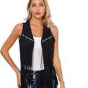 Womens Tassel Vest 70s Hippie Sleeveless Fringe Jacket with Cowgirl Hat Western Faux Suede Outfit Black
 S