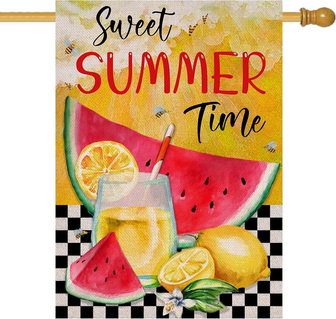Home Decorative Sweet Summer Time Watermelon House Flag, Lemon Garden Yard Bee Lemonade Outside Decoration, Seasonal Buffalo Plaid Check Farmhouse Outdoor Large Burlap Decor Double Sided 28x40