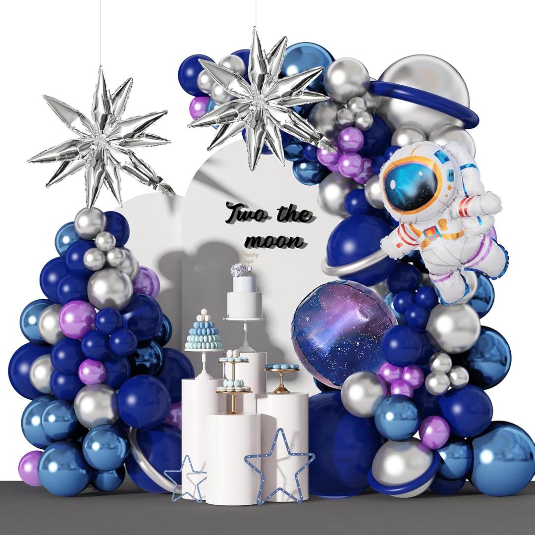 Amandir139pcs Space Balloon Garland Arch Kit Outer Space Birthday Decorations with Blue Purple Silver Galaxy Astronaut Foil Balloons for Boys Kids Themed Birthday Party Decoration Supplies