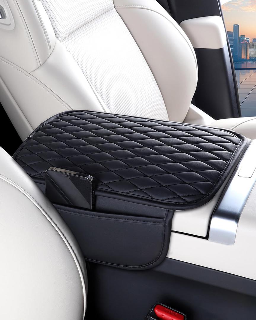 [Upgraded] Car Center Console Cover with 2 Storage Bags - Premium Nappa Leather Armrest Cover, Scratch & Wear Resistant, Waterproof Car Interior Accessories (Black)