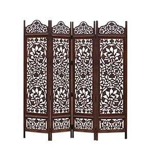 Room Divider Wood Floor Screen - Kamal Antique Brown - 4 Folding Panel 72 x 80 - Hand Carved Portable Reversible Functional Freestanding Boho Small Spaces Decorative Privacy Partition - COTTON CRAFT