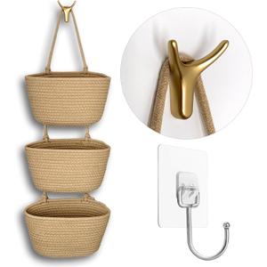 3-Tier Decorative Cotton Rope Hanging Basket, Wall-Mounted Woven Storage Organizer Bag, Jute