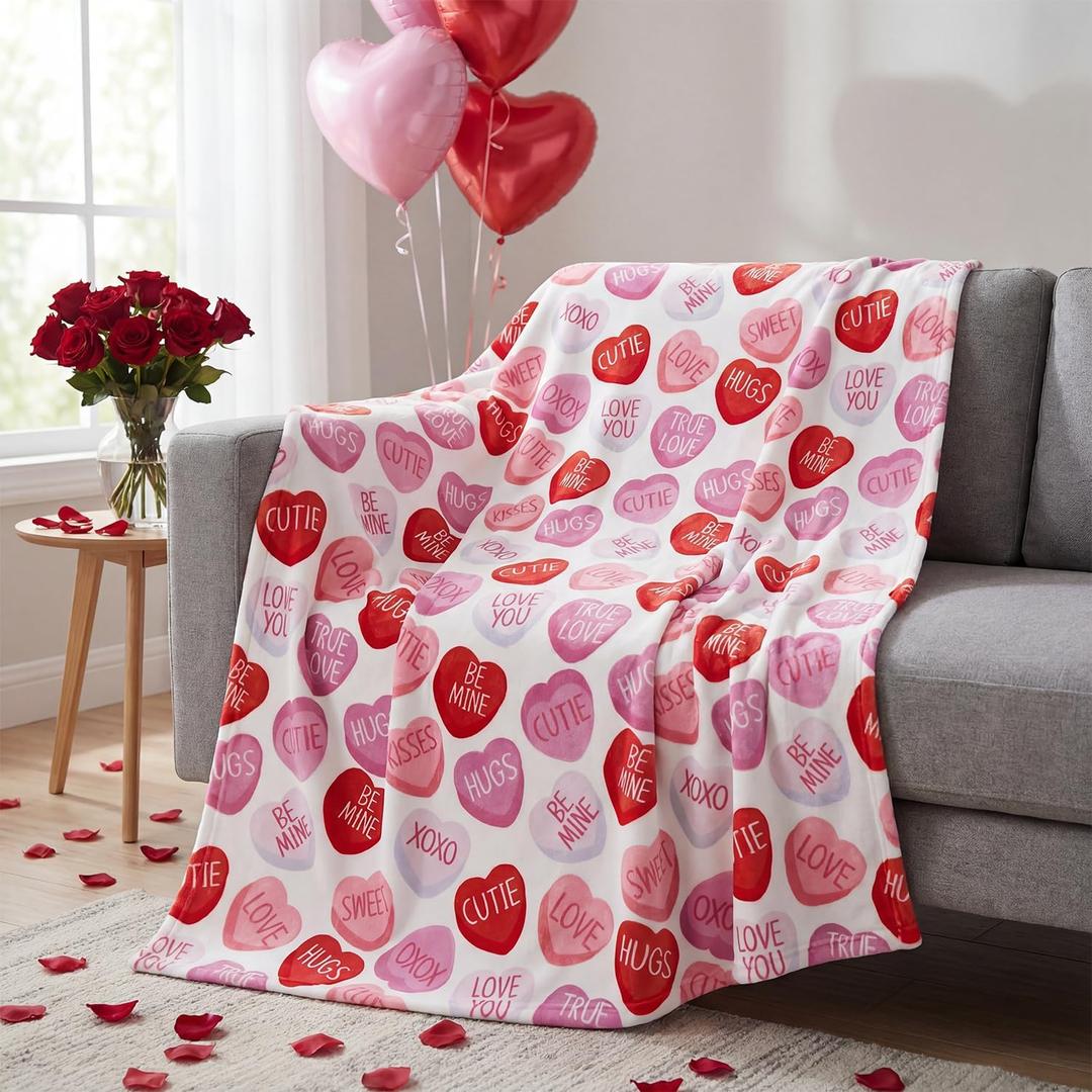 Horaldaily Valentine Flannel Blanket Throw, Pink Hearts with Words Soft Fuzzy Plush Cozy Fleece Blankets for Couch Sofa Bed Lounging, Ideal Gifts for Kids Adults Wife Self, 50x60