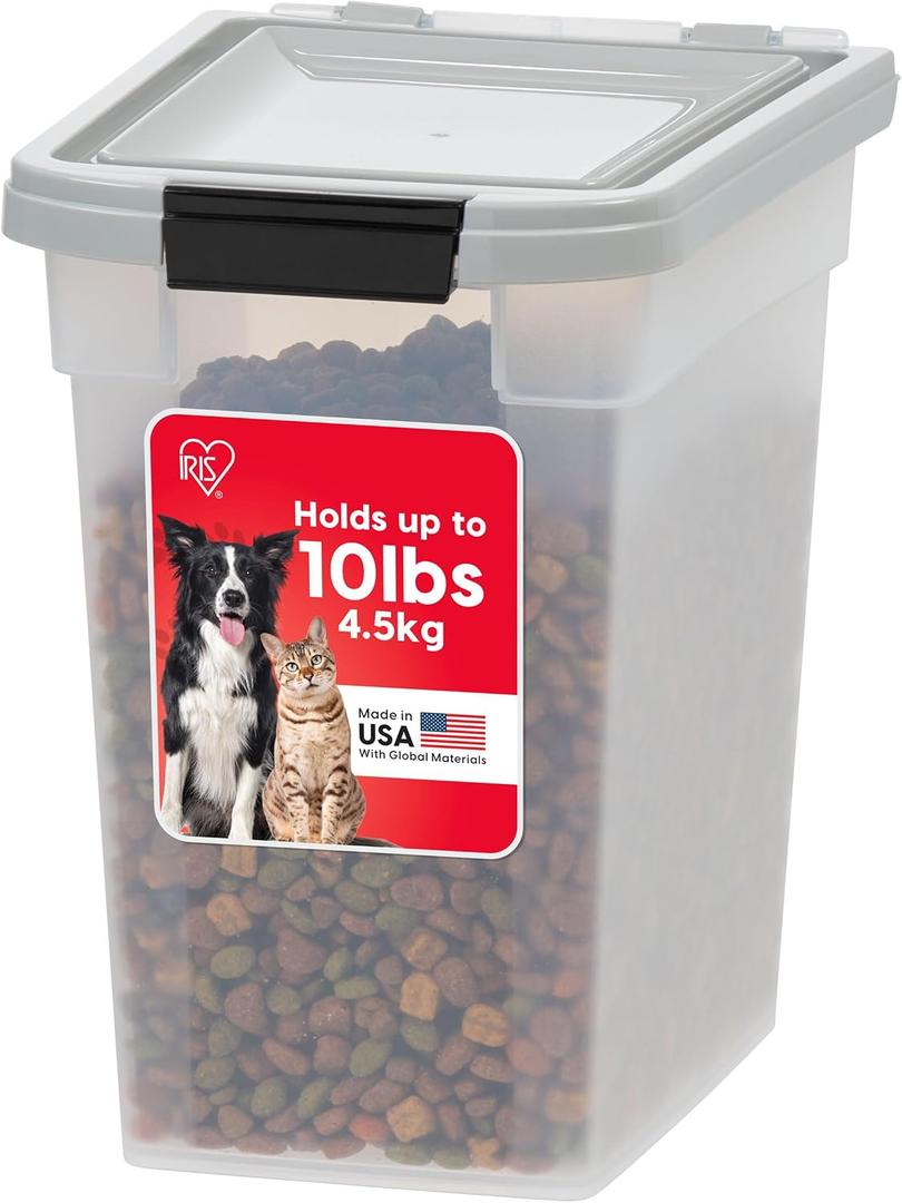 IRIS USA Airtight Dog Food Storage Container, WeatherPro, Up to 10 lbs, for Dog Cat Bird and Other Pet Food Storage Bin, Keep Fresh, Translucent Body, Made in USA, Clear/Gray