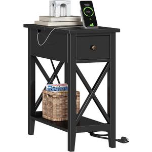 ChooChoo End Table with Charging Station, Narrow Side Table with USB Ports and Outlets, Nightstand with Drawer, for Small Spaces, Bedside Tables for Living Room Black