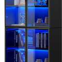 Black Display Cabinet,78 Inch High Bookshelf, Multi-Color LED Ambient Lighting, 6-Story Large Storage Space, Transparent Tempered Glass Door, Suitable for Bedrooms, Living Rooms, Offices