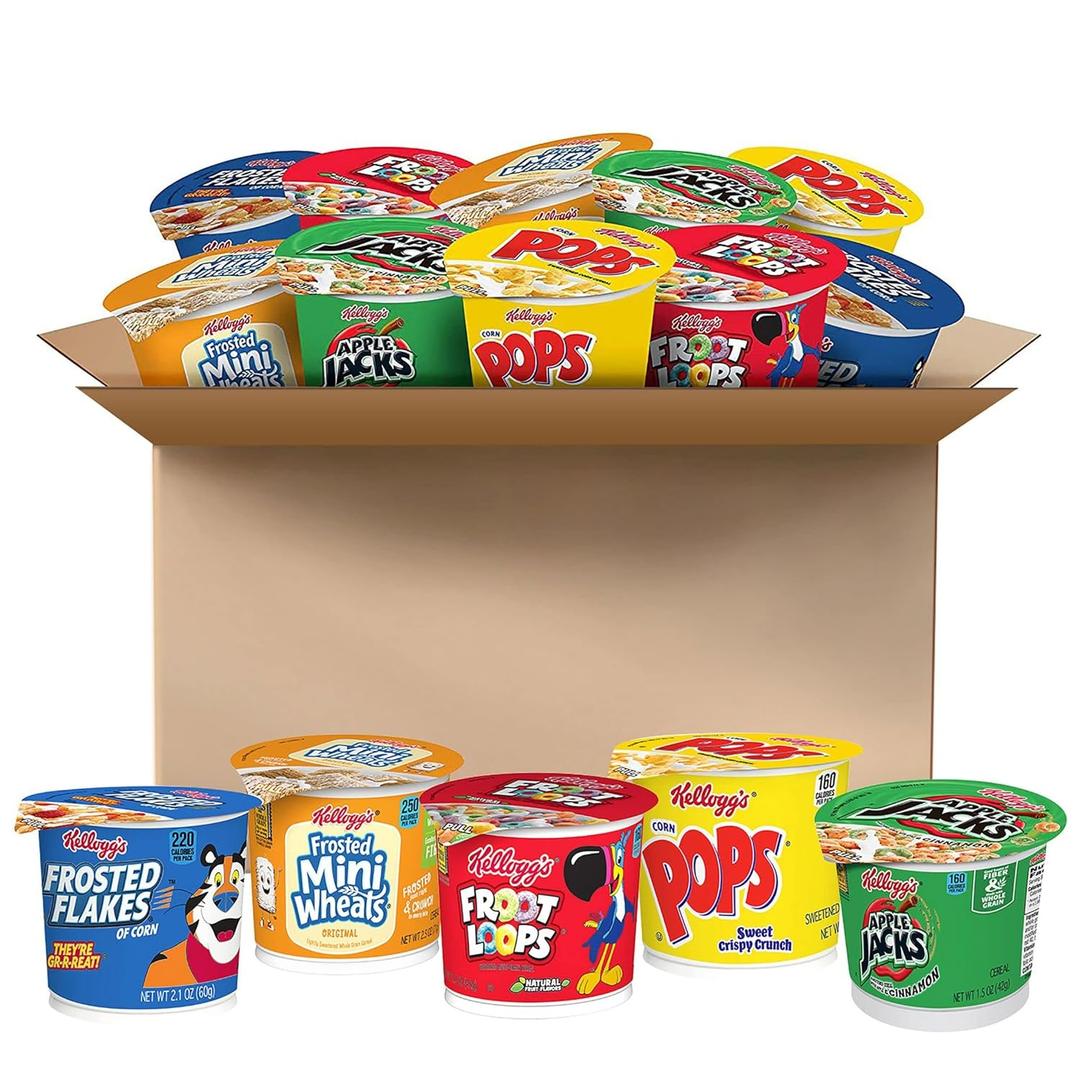 Kellogg's Breakfast Cereal Cups, Kids Snacks, Family Breakfast, Variety Pack (24 Cups), Best By:11/11/25