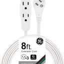 GE 3-Outlet Flat Extension Cord 8 Ft Grounded Extension Cord with Multiple Outlets 3 Prong Outlet Extender Flat Plug Indoor Power Strip 16 Gauge UL Listed White 50251 White