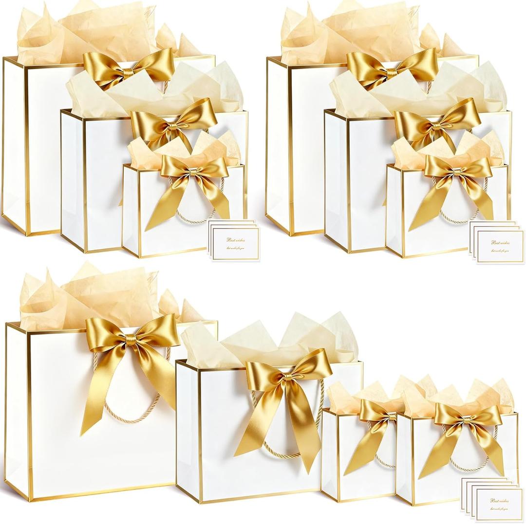 Maitys 10 Set White and Gold Gift Bags Assorted Sizes with Ribbon Greeting Card Tissue Paper (3 Large 12.6", 3 Medium 11", 4 Small 7.5") Luxury Gift Bag for Bridesmaid Wedding Birthday Mother' Day
