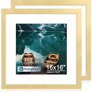 Hongkee 16x16 Frame Set of 2, Gold Wood Style - Display Square 12 x 12 with Mat or 16x16 without Mat, Wall Mounting Horizontal and Vertical