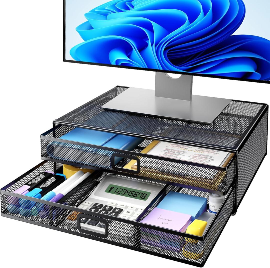 HUANUO 2 Tier Monitor Stand, Metal Monitor Riser with Drawer, Desk Organizer, Monitor Stand with Storage, Desktop Computer Stand for PC, Laptop, Printer (Black)