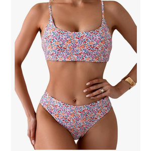 YIMISAN Women's Two Piece Swimsuit Floral Print Bikini Sets Spaghetti Straps Scoop Neck Mid Waist Cheeky Bathing Suit , Size M