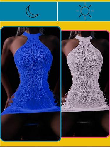 FasiCat Sexy Lingerie for Women Mesh Lingerie Backless Fishnet Minin Dress Glow in The Dark Lingerie Babydoll Halter Chemise Pack of 2