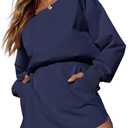 Fisoew Womens Long Sleeve Athletic Dress Backless Keyhole Built-in Shorts Oversized Workout Active Dresses (Small, Navy Blue)