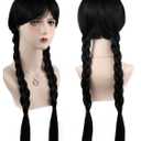 Women Wednesday Addams Wigs with Thing Hand Necklace and Headband Long Black Braided Wigs with Bangs for Halloween