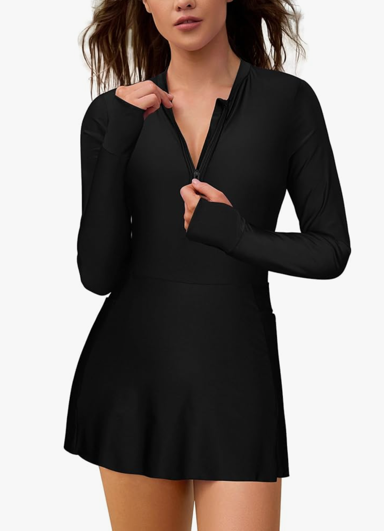 SHEKINI Women's Sun Protection Swimsuits Long Sleeve Zip Rash Guard UPF 50+ Bathing Suit Swimwear Size S