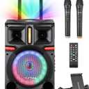 HEARTSEA Karaoke Machine, 8" Woofer Portable PA System, Bluetooth Speaker with 2 Wireless Microphones, Lyrics Display Tablet Holder, Party Lights & Echo/Treble/Bass Adjustment Support REC/AUX/USB/TF