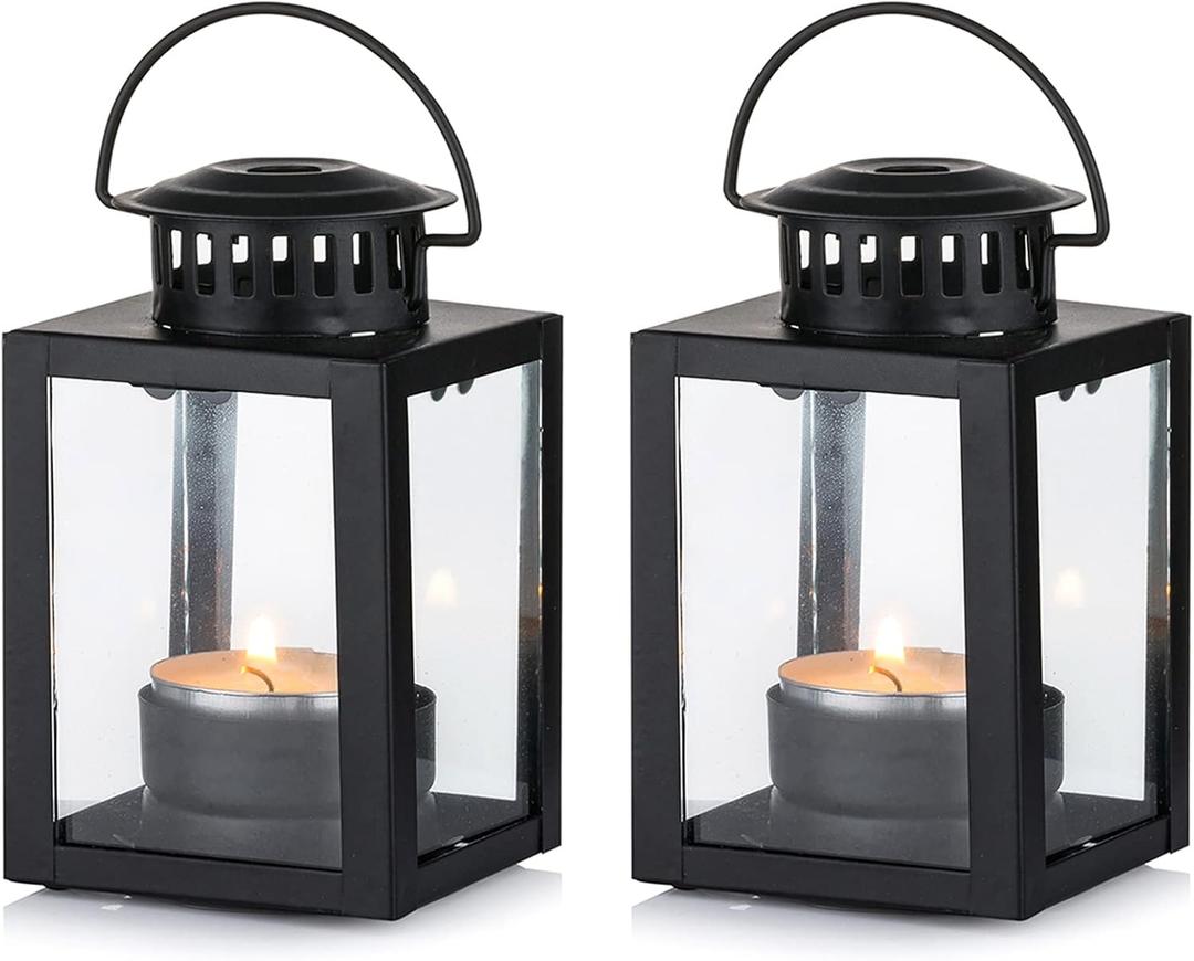 Nuptio Garden Lanterns for Candles 2 Pcs Vintage Style Hanging Small Lantern for Tealight Candle, Black Tea Light Holders for Indoor Outdoor Events Birthday Party Wedding