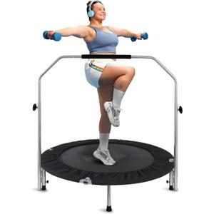 SereneLife 40" Foldable Mini Trampoline for Adults - Compact Fitness Rebounder with Adjustable Foam Handle, Exercise Trampoline with Max Load 330lbs, Indoor/Garden Whole-Body Workout