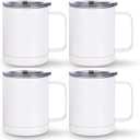 PYD Life Sublimation Coffee Mugs 10 OZ White Blanks Stainless Steel Double Wall Tumbler with Handle and Lid for Mug Tumbler Press Machine Sublimation Print 4 Pack