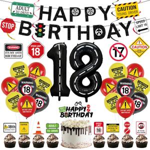 Roetyce 18th Birthday Decorations for Boys Girls , Caution Logos Happy 18th Birthday Banner Balloons Hanging Swirls Cake Topper Kit, Funny 18 Years Old Party Background