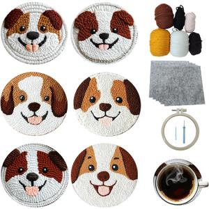 Xinpinzhou 6pcs Dog Punch Needle Coaster Kit for Kids Beginners Adults, Complete Punch Needle Stitching Embroidery Art Coasters Kit for Kids Adult Beginner Animal Punch Needling Coaster