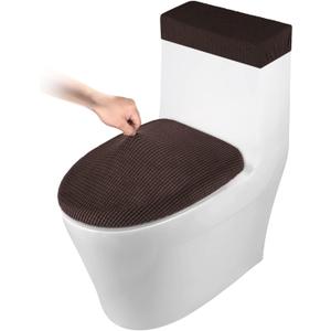 Toilet Lid Cover and Toilet Tank Cover Stretch Toilet Covers Set for Bathroom, Polyester Spandex Jacquard Fabric, Machine Washable, with Elastic Bottom, Coffee