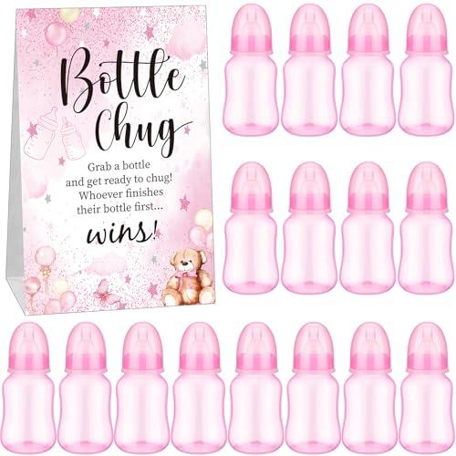 TrelaCo Bottle Chug Baby Shower Game 20 Pcs Baby Bottles Shower Favor with 1 Bear Theme Sign for Gender Reveal Party Supplies Gifts(Transparent Pink)