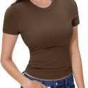 YUCOLEN Womens Short Sleeve Tops Summer Basic Crew Neck Double Lined Slim Fit T Shirt Cute Crop Going Out Baby Tee Y2k (Small, Dark Brown)