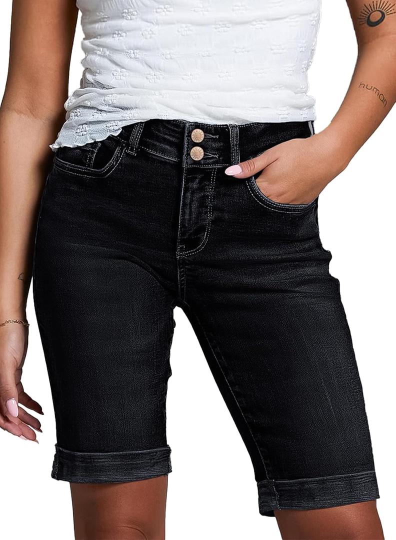 Sidefeel Women's Jean Shorts High Waisted Stretchy Bermuda Folded Hem Denim Summer Shorts (Black) Size: 4