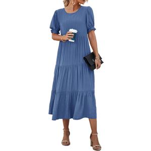 PRETTYGARDEN Summer Dresses for Women 2025 Casual Floral Boho Midi Sun Dress Puff Short Sleeve Flowy Beach Vacation Sundress (Solid Blue, Medium)