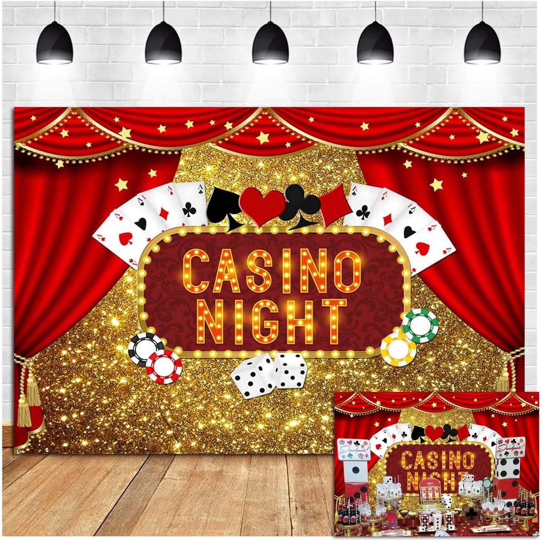 Las Vegas Gold Glitter Bokeh Photography Backdrops 7x5ft Polyester Casino Night Poker Dice Red Curtains Photo Background Birthday Party Prom Banner Studio Shoot Booth Props Dessert Cake Table Decor