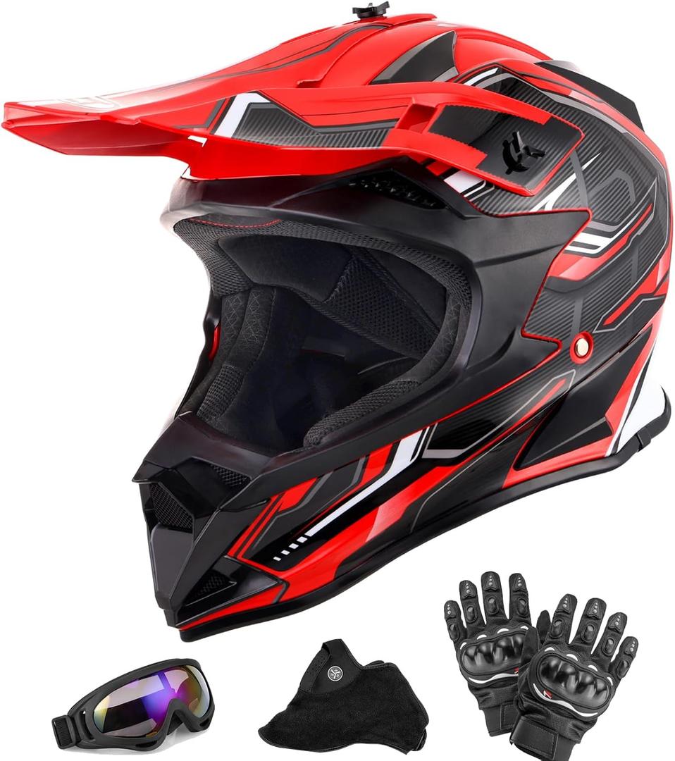 Adult Motocross Dirt Bike Helmet with Goggle, Gloves & Mask - DOT/FMVSS-218 Off-Road Motorcycle & ATV Helmet with Adjustable Sun Visor (XX-Large, Red Black)